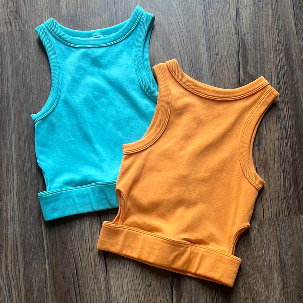 2 Adorable Cropped Tanks with side cutouts-One-size Blue and Orange